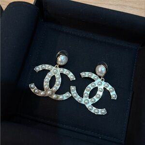 CHANEL Gold and Pearl Logo Earrings